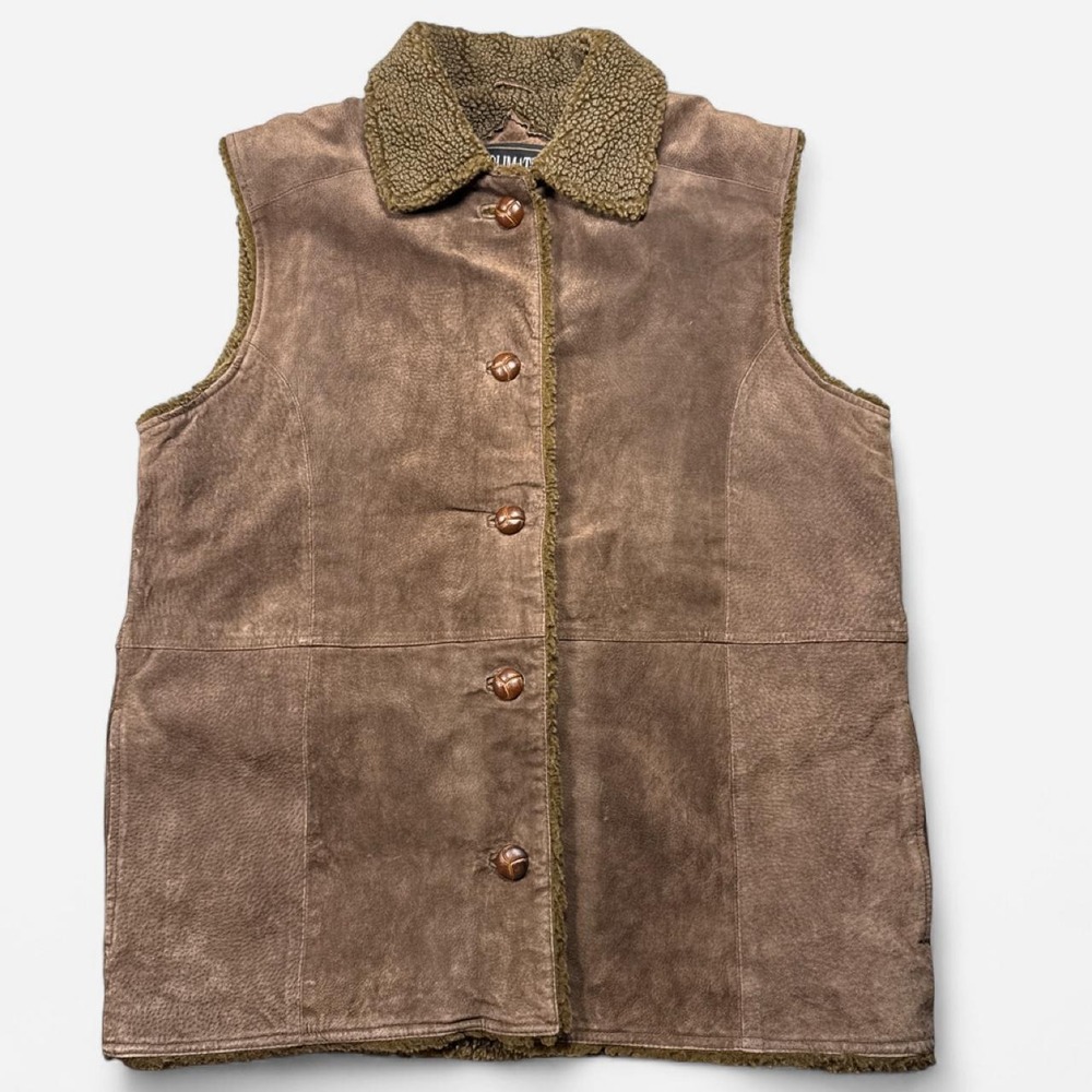 Vintage Climate Zone brown suede leather vest with sherpa lining, size 14/16
